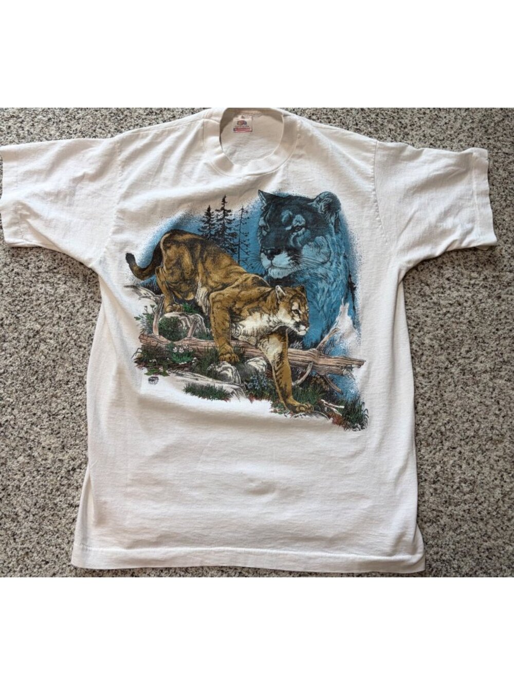 Vintage 1993 Mountain Lion Cat Single Stitch White Shirt Cotton MEDIUM